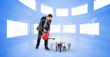 Digital composite image of businessman watering employees in office