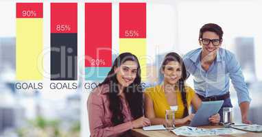 Smiling business people at desk by graphs
