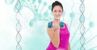 Healthy woman lifting dumbbell against DNA structure