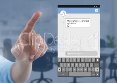 Hand Touching Social Media Messenger App Interface in meeting room
