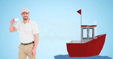 Delivery man showing blank card by boat