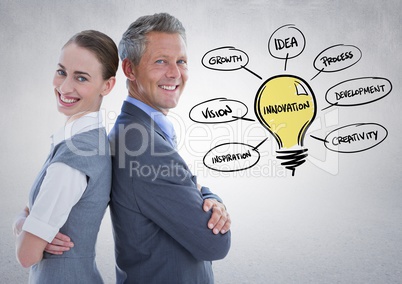 Business partners back to back with lightbulb doodles against white wall