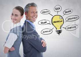 Business partners back to back with lightbulb doodles against white wall