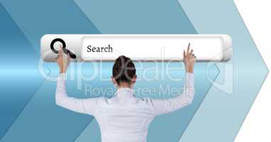 Rear view of businesswoman with arms raised against search screen