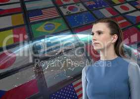 panel with flags and earth back with futuristic girl
