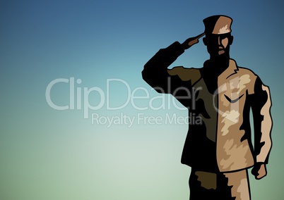 Cartoon soldier saluting against blue green background