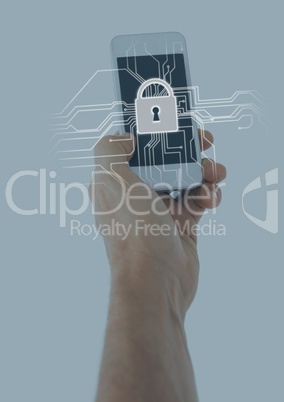 Hand with phone and white lock graphic with blue overlay