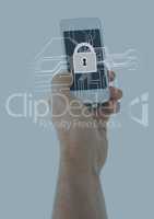 Hand with phone and white lock graphic with blue overlay