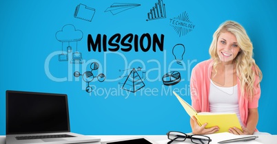 Businesswoman holding book by mission text surrounded by graphics