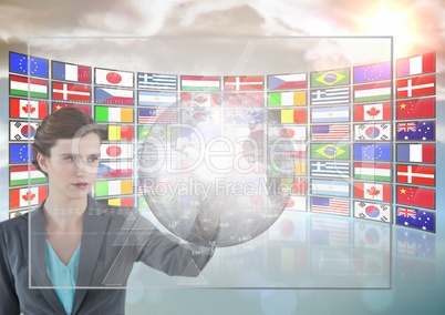 panel with flags woman doing things in a futuristic tactile screen