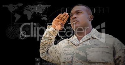 Soldier saluting against black background with interface