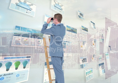panels with websites(blue) city background and man on a ladder with binoculars