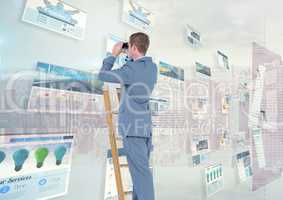 panels with websites(blue) city background and man on a ladder with binoculars