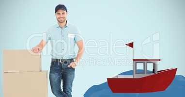Delivery man leaning on parcels by 3d boat