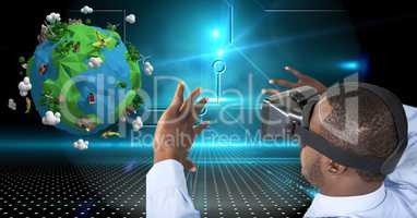Businessman wearing VR glasses while looking at low poly earth