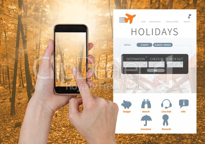 Hand Touching phone and Holiday break App Interface in forest