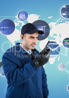 Security guard using radio against graphics