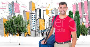 Digitally generated image of male tourist with backpack against buildings drawn in background