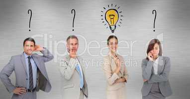 Business people with light bulb and question mark graphics