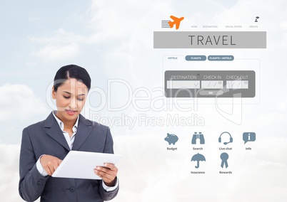 Woman on tablet and Holiday travel break App Interface