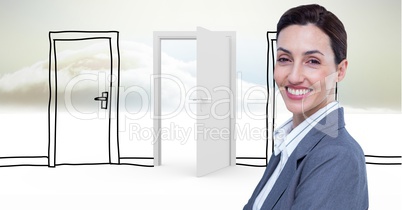 Smiling businesswoman against drawn and real doors