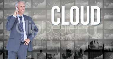 Businessman using mobile phone by cloud text
