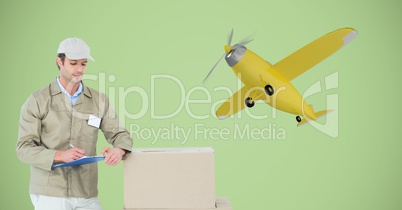 Delivery man writing on clipboard by parcel against 3d airplane