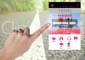 Hand Touching Travel holiday break App Interface with road