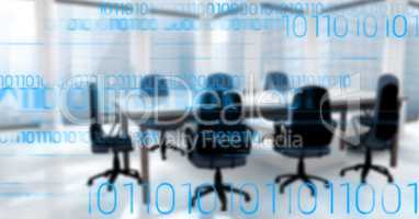 Blue binary code against blurry office