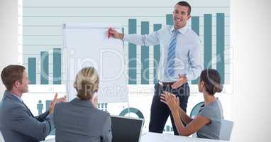 Businessman giving presentation while colleagues applauding against graph
