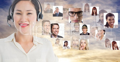 Confident businesswoman wearing headphones by portrait graphics