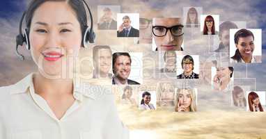 Confident businesswoman wearing headphones by portrait graphics