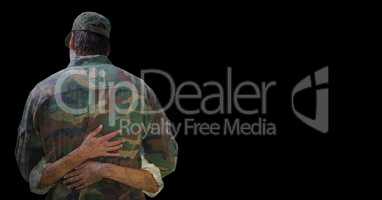 Back of soldier being hugged against black background with grunge overlay