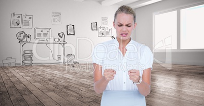 Angry businesswoman looking at fists against graphics