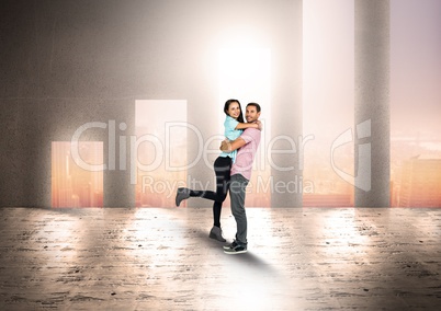 Couple embracing against bar graph shaped doorways