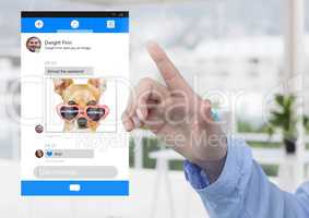 Hand touching Social Media App Interface in Office weekend plans