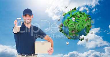 Happy delivery man showing smart phone with low poly globe in background