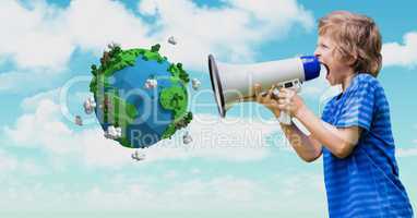 Boy shouting in megaphone by low poly earth