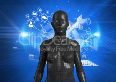 Digital composite image of 3d woman with graphics