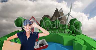 Delivery woman with parcel against trees and windmill