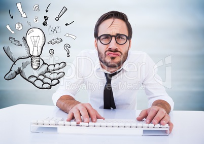 Business man at desk with lightbulb doodle against blurry blue wood panel