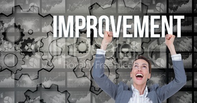 Happy businesswoman with arms raised looking at improvement text