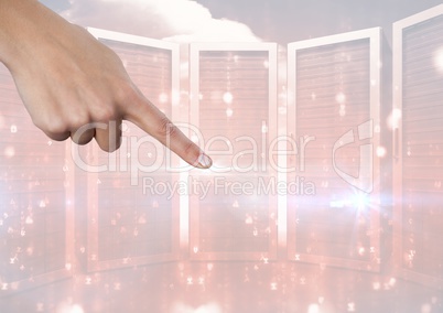 Hand pointing in  air of  server room