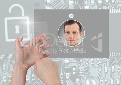 Hand holding glass screen and Identity Verify security App Interface