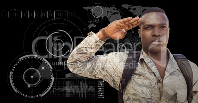 Soldier with backpack saluting against black background with interface