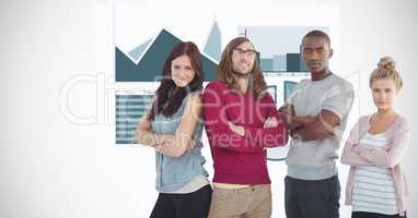 Hippie business people standing arms crossed against graphs