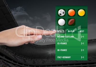 Hand touching a Betting App Interface stadium