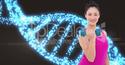 Woman lifting dumbbells against DNA structure