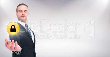 Business man with yellow lock graphic and flare in hand against white background
