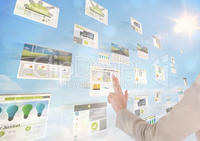 panels with websites(green) sky background, only with hand